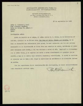 Carta de (ileg.) a Emilio Cotarelo con la que le remite un ejemplar de las Odas de Bello, Olmedo ...