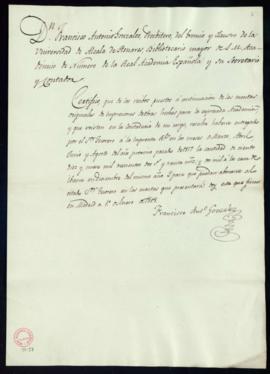 Certificación de Francisco Antonio González de la entrega por el tesorero a la Imprenta Real la c...
