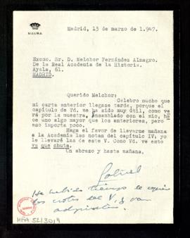 Carta de Gabriel Maura Gamazo a Melchor Fernández Almagro en la que le dice que el capítulo que l...