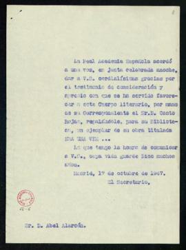 Copia sin firma del oficio del secretario a Abel Alarcón de traslado del agradecimiento de la jun...