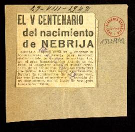Recorte del diario Madrid con el título El V centenario del nacimiento de Nebrija
