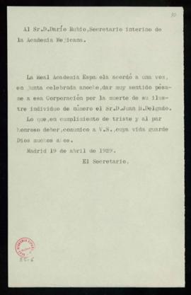 Copia del oficio de pésame del secretario a Darío Rubio, secretario interino de la Academia Mexic...