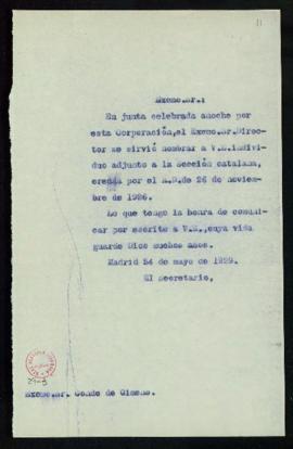 Copia sin firma del oficio del secretario [Emilio Cotarelo] al conde de Gimeno de traslado de su ...