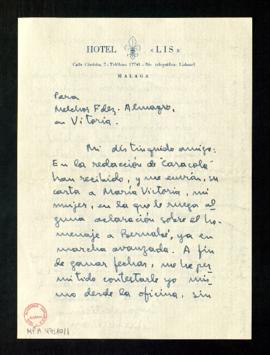 Carta de Rafael León a Melchor Fernández Almagro en la que le dice que ha recibido su carta a Mar...