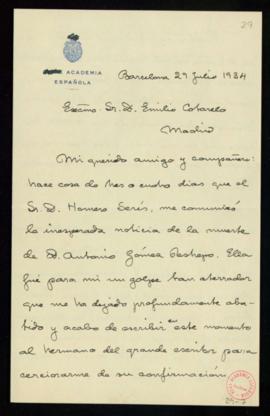 Carta de Antonio Rubió y Lluch a Emilio Cotarelo en la que le comunica que acaba de recibir la no...