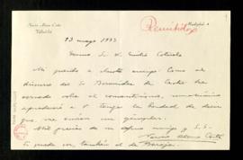 Carta de Narciso Alonso Cortés a Emilio Cotarelo para pedirle que le envíen un ejemplar del discu...