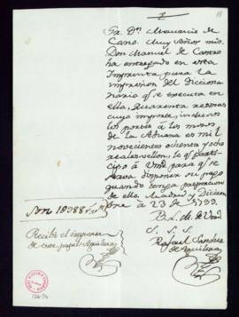 Carta de Rafael Sánchez de Aguilera a Mauricio de Cano sobre la recepción de 40 resmas de papel p...