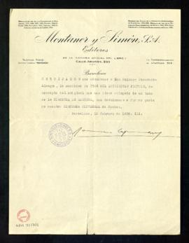 Certificación de Montaner y Simón editores del adeudo a Melchor Fernández Almagro de la cantidad ...