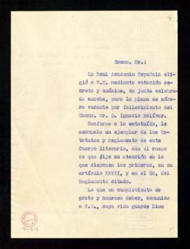 Copia sin firma del oficio del secretario a Emilio Fernández Galiano de traslado de su designació...