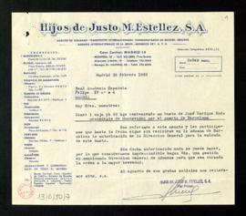 Carta de Hijos de Justo M. Estellez en la que avisan de la llegada al puerto de Barcelona de una ...