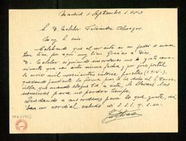 Carta de José Álvaro a Melchor Fernández Almagro en la que le dice que le ha enviado 1914 pesetas