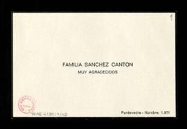 Tarjeta de agradecimiento de la familia Sánchez Cantón