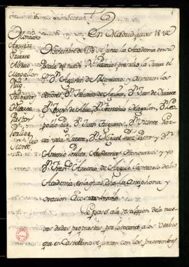 Copia del acuerdo de la junta de 18 de noviembre de 1756 sobre los verbos que se juntan con los p...