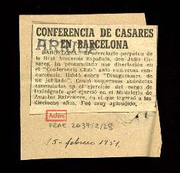 Noticia sobre la conferencia que Julio Casares pronunció en el Conferencia Club de Barcelona sobr...