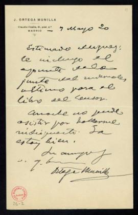 Carta de [José] Ortega Munilla al oficial de la secretaría, [Fermín] Míguez, con la que adjunta e...