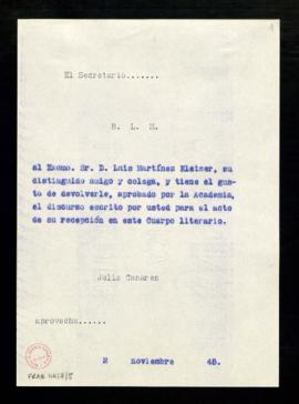 Copia sin firma del besalamano de Julio Casares, secretario, a Luis Martínez Kleiser con el que l...