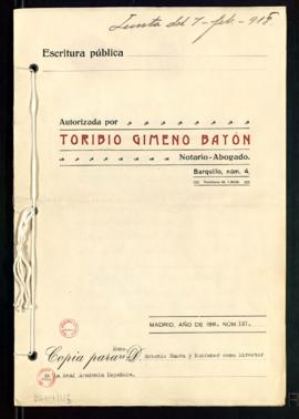 Escritura autorizada por el notario Toribio Gimeno Bayón que da fe de la entrega a la Real Academ...