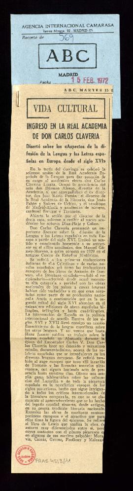 Recorte del diario ABC con la crónica titulada Ingreso en la Real Academia de don Carlos Clavería