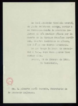 Copia del oficio de pésame del secretario a Alberto María Carreño, secretario de la Academia Mexi...
