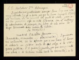 Carta de Enrique Chicote a Melchor Fernández Almagro en la que le anuncia que ha titulado su libr...