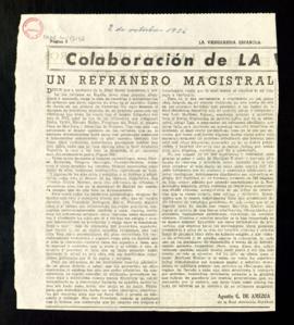Recorte del diario La Vanguardia española con el artículo Un refranero magistral, por Agustín G. ...