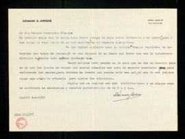 Carta de Dámaso G. Arrese a Melchor Fernández Almagro con la que le envía un ensayo sobre la caza...