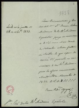 Carta de Juan Pedro Ayegui, testamentario y heredero de Ramón Cabrera, al secretario de la Real A...