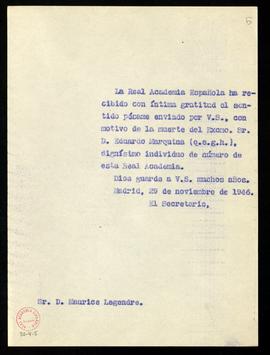 Copia sin firma del oficio del secretario a Maurice Legendre de traslado del agradecimiento de la...