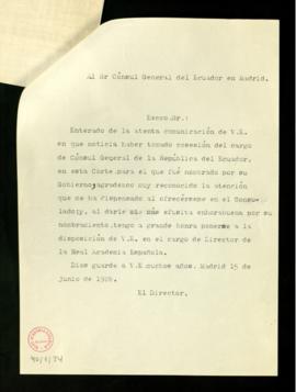 Copia sin firma de la carta del director [Ramón Menéndez Pidal] al cónsul general del Ecuador en ...