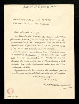 Carta de A. [Antonio] Rodríguez-Moñino a Julio Casares en la que acusa recibo de su nombramiento ...