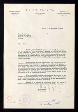 Copia de la carta de Hugo Moncayo, presidente del Grupo América, a Ignacio de Urquijo, embajador ...