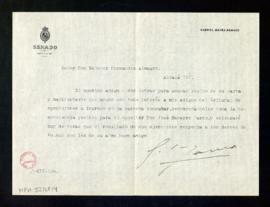 Carta de Gabriel Maura Gamazo a Melchor Fernández Almagro en la que le informa de que ha recomend...