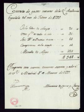 Cuentas de los gastos menores de la Academia en el mes de febrero de 1799