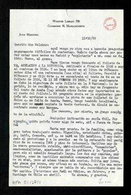 Carta de Juan Marichal a Melchor Fernández Almagro en la que le pide ayuda para localizar el foll...