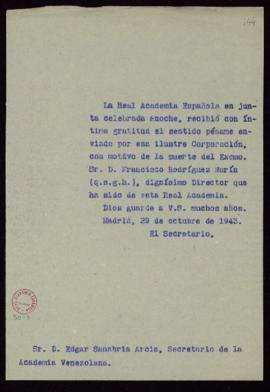 Copia sin firma del oficio del secretario al secretario de la Academia Venezolana, Edgar Sanabria...