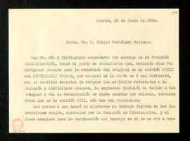 Copia de la carta de Ángel González Palencia, secretario de la Comisión Administrativa, a Emilio ...
