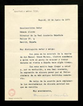 Carta de Bernardo J. Caycedo a Dámaso Alonso, director de la Real Academia Española, con su expre...