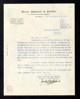 Carta remitida por el Servicio contencioso del Banco Español de Crédito en la que solicita la doc...