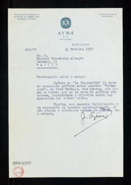 Carta de J.[aime] Aymá a Melchor Fernández Almagro en la que le agradece la excelente crítica pub...