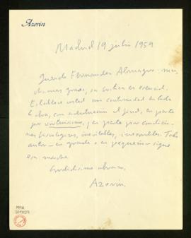 Carta de Azorín a Melchor Fernández Almagro en la que le agradece su crítica, que considera esencial