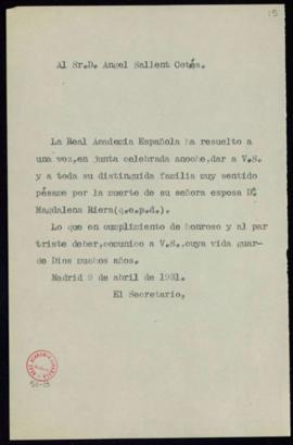 Copia sin firma del oficio de pésame del secretario [Emilio Cotarelo] a Ángel Sallent y Gotés por...