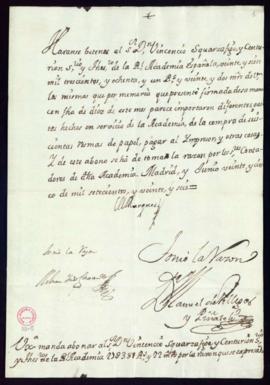 Orden del marqués de Villena de abono a Vincencio Squarzafigo de 27 381 reales y 22 maravedíes de...