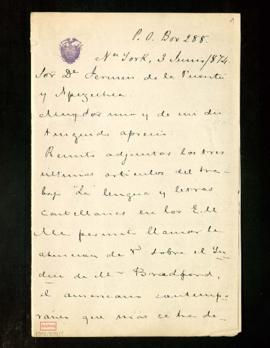 Carta de Antonio Flores a Fermín de la Puente Apezechea con la que adjunta sus tres últimos artíc...
