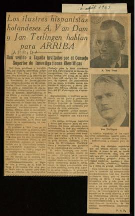 Recorte del diario Arriba con la noticia Los ilustres hispanistas holandeses A. van Dam y Jan Ter...