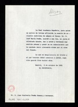 Copia sin firma del oficio del secretario [Alonso Zamora Vicente] a Juan Gualberto Pemán Domecq y...