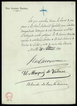 Propuesta firmada por Ramón de Campoamor, el marqués de Valmar [Leopoldo Augusto de Cueto] y el c...