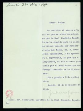 Carta de [Emilio] Gutiérrez-Gamero al secretario [Emilio Cotarelo] en la que acusa recibo de la c...