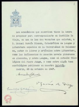 Propuesta de Manuel García Blanco como académico correspondiente en Castilla la Vieja