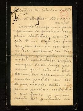 Carta de Emilio Castelar a Melchor Almagro en la que le pide que le diga, con objeto de organizar...