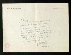 Carta de Gregorio Marañón a Julio Casares con la que le envía el discurso que pronunció en el hom...